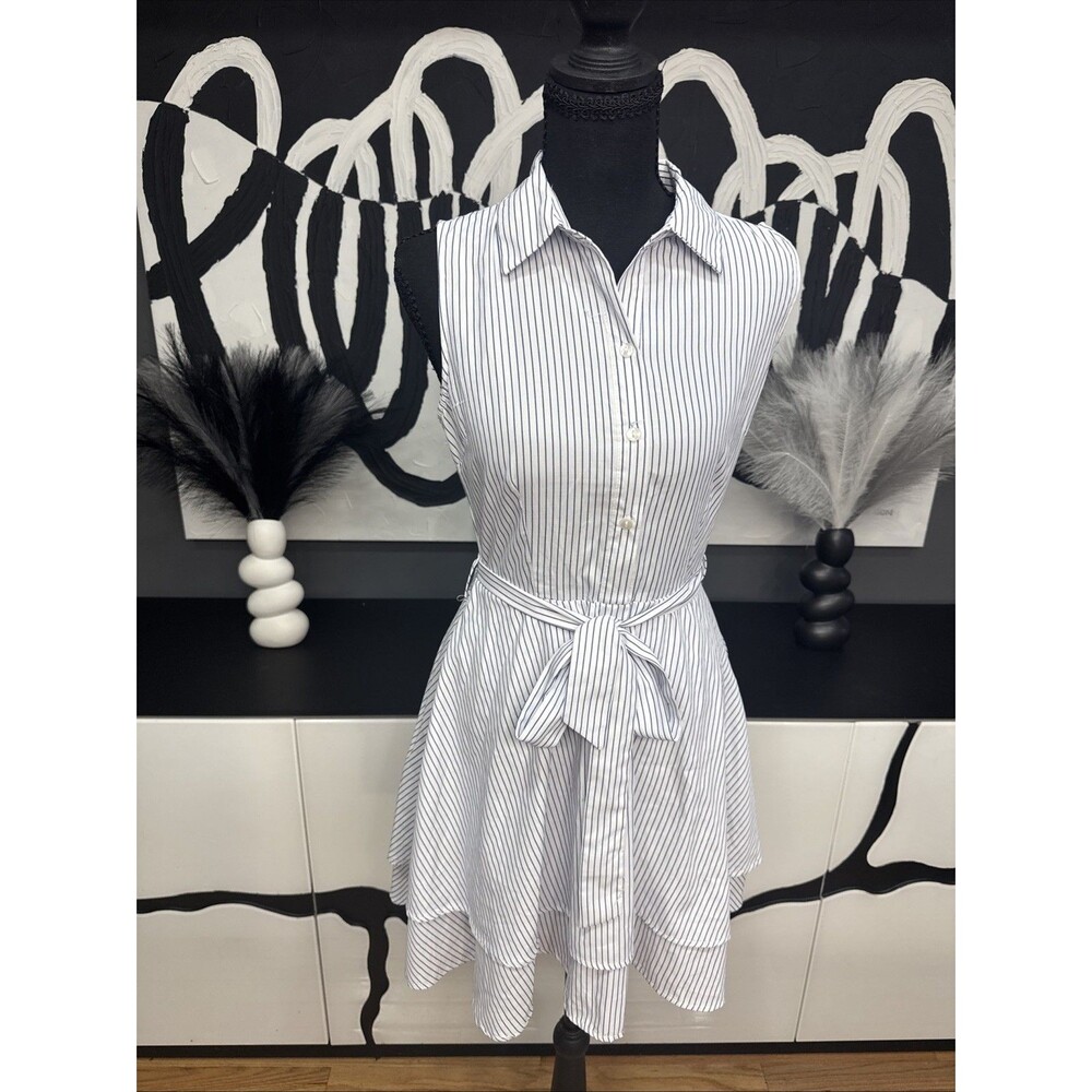 Love Notes Blue White Striped Shirt Dress Women's Large Sleeveless Belted Mini